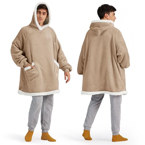 Bedsure Blanket Hoodie, Wearable Blanket for Adults & Kids as Gifts for Women Men, Birthday Gifts for Women Mom Girl Sherpa Oversized Hoodie, Gold Brown, Oversize