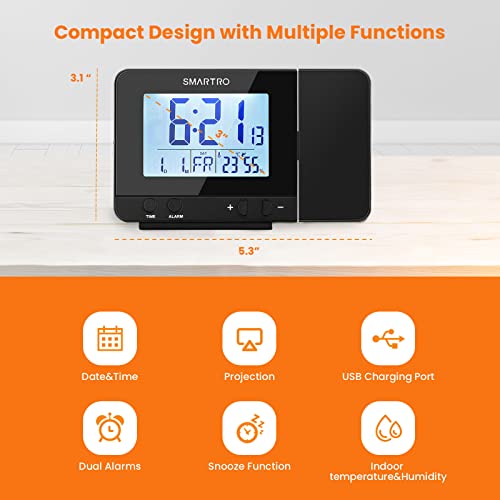 SMARTRO Digital Projection Alarm Clock for Bedrooms with Indoor Thermometer - Image 2