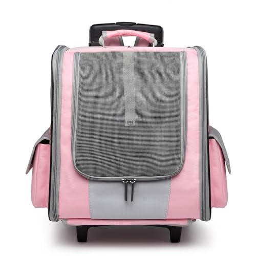 Smedic大容量ペットトロリーバッグ 猫と犬用 三面通気性 取り外し可能 静音 ポータブル 屋外旅行用 調節可能 (ピンク)