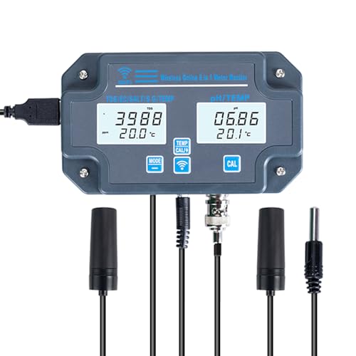 Mulcort WiFi Digitaler Wasserqualitätstester, Wandmontage, 6-in-1-Wasseranalysator, PH/EC/TDS/SALT/S.G./Temperatur, APP-Fernüberwachung, Alarmbenachrichtigung für Trinkwasser, Aquarium,