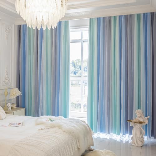 Image of XiDi Blue Green Grey Blackout Curtains 63 Inches Long for Living Room Bedroom 2 Panels Double Layer Curtains Rainbow Kids Grommet Window Drapes for Nursery Princess Unicorn Wall Decals 34 Inches Wide