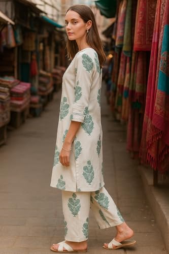 Image of Yashika Women's Cotton Blend Trendy Regular Fit Solid Printed Kurti with Stright Bottom |Kurti Set for Women