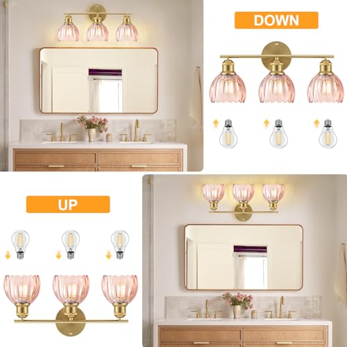 Image of Bathroom Light Fixtures, 3-Light Brushed Gold Vanity Lights for Bathroom with Pink Tulip Glass Shade, 20 inch Vintage Bathroom Vanity Lighting Fixtures Over Mirror for Bedroom Living Room Hallway