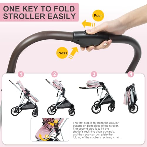 Image of 2-in-1 Baby Stroller with Bassinet Mode - Folding Infant Newborn Pram with Reversible Seat - for 0-36 Months Baby Girl Pink