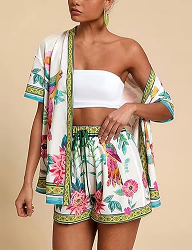 Women Boho Tropical Print Beach Cover Up Shorts Set 2 Piece Summer Lounge Outfit Lightweight Swimwear Matching Outfit4