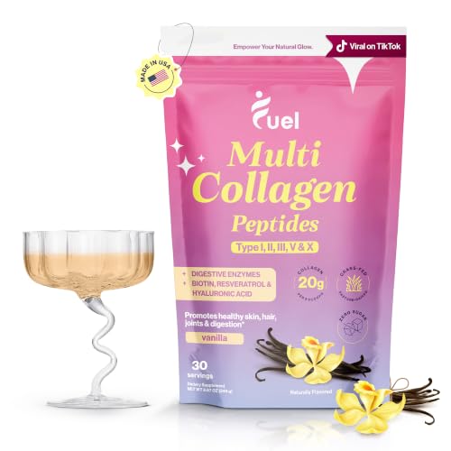 Fuel Multi Collagen Peptides Powder 20g Hydrolyzed Collagen Types I II III V & X Hair Skin Nails & Joint Support Keto & Gluten Free French Vanilla 20 Servings (8.67oz)