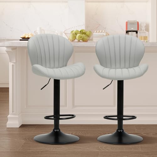 Image of COLAMY Bar Stools Set of 2, Modern Swivel Bar Chairs, Adjustable Faux Leather Upholstered Barstools Counter Height with High Backrest for Bar, Kitchen Island, Dining Room, Grey