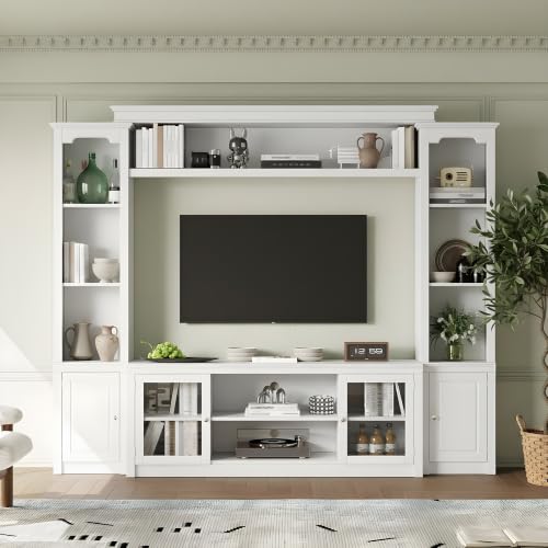 4-Piece Large Entertainment Center with Bookshelves, Bridge, Glass Doors
