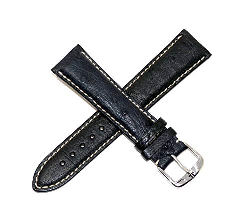 Jacques Lemans 21MM Black Genuine Ostrich Leather Skin Watch Strap Band with Silver Stainless Steel JL Buckle