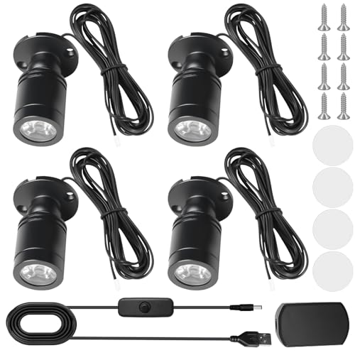 Aicharynic 4 unidades de mini focos, mini focos, pequeño acento, juego de luz blanca cálida, 3000 K, USB 5 V, foco de punto giratorio 360° para vitrinas, armarios y decoración