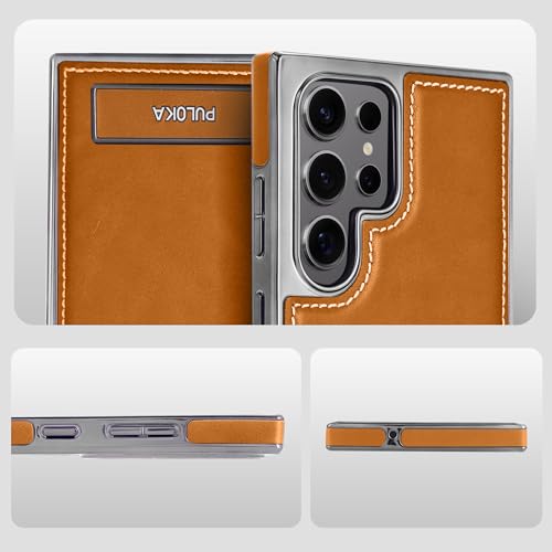 Image of PULOKA Chrome Leather Back Case - Compatible with Samsung Galaxy S23 Ultra - Luxury Bumper Case - Flexible Vegan Leather - Electroplated Sides - Full Camera Protetection & Raised Edges - Tan