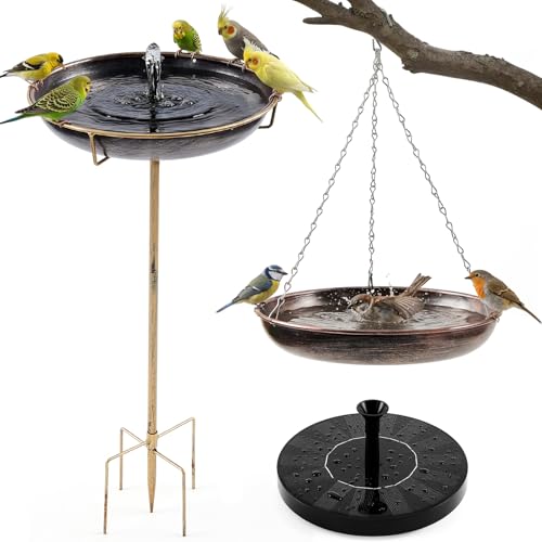 Glooglitter 35 in Freestanding & Hanging Dual Use Bird Bath with Solar Fountain, Birdfeeder Bird Baths Feeder Bowl 5-pronged Base & Hook, for Outdoors Garden Patio Yard Lawn Decor, Antique Bronze