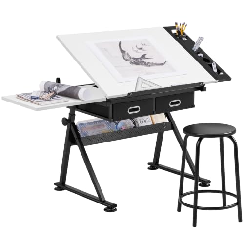 Yaheetech Adjustable Drafting Table Art Desk,Storage Drawers & Stool,White