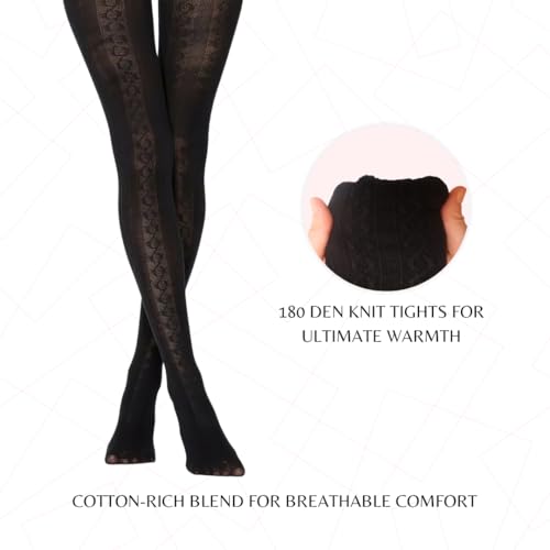 Image of PENTI Karina Women's Knit Patterned Winter Tights | Warm Sweater Tights Cotton-Blend 180 Den | Black, Vanilla, Gray
