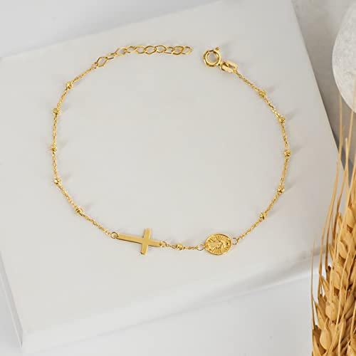 Mionza Gold Plated Rosary Cross Bracelet For Women, Teen Girls | 14K Gold Adjustable Cross Bracelet | Gold Chain Bracelet Religious Charm | Christian Baptism Gift | Solid Gold And Gold Plated Options (Gold Plated Silver) #TOP7