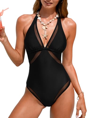 CUPSHE Women's One Piece Swimsuit Halter V Neck Self Tied Straps Bathing Suit Mesh Edge Standard Coverage