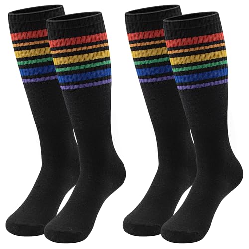 Girls Socks, 2 Pairs Girls Knee High Socks Rainbow Colorful Striped Thigh Highs Socks for Girls Kids Aged 1-16
