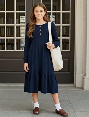 PATPAT Girl's Long Sleeve Sweater Dress Casual Button Front Knit Fall Winter Dresses 5-14 Years4