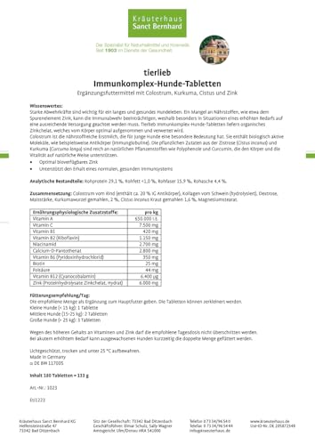 tierlieb Immunkomplex-Hunde-Tabletten | Mit Colostrum, Kurkuma, Cistus & Zink | Ergänzungsfuttermittel | 180 Tabletten