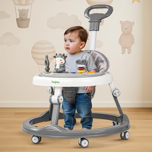 Image of Baybee Moono Round Baby Walker for Kids with Push Handle, 4-Level Height Adjustment, Musical Toy Bar | Activity Walker for Babies 6-18 Months (Grey)