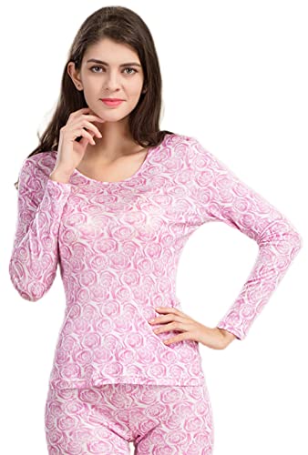 Reyox Damen Seide Thermounterwäsche Set Warm Thermooberteil & Thermohose Leggings Funktionswäsche Thermoaktiv Thermowäsche Base Layer Rosa EU Größe XL/Tag 2XL Cover