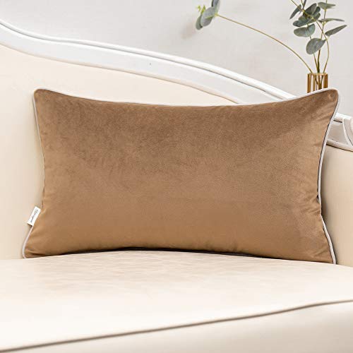 Yangest Khaki Patchwork Velvet Lumbar Pillow Cover With Gold Striped Leather Cushion Case Modern Luxury Pillowcase For Sofa Couch Bedroom Living Room Home Decor,12"X20" #TOP1
