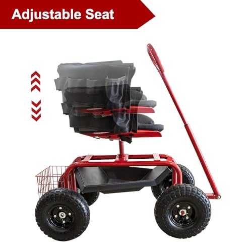 THUNDERBAY Garden Cart Rolling Workseat with Wheels, 360 Degree Swivel Seat, Wagon Scooter with Steering Handle & Utility Tool Tray for Planting, with Storage Basket and Tool Pouch, Red - Thumbnail 7