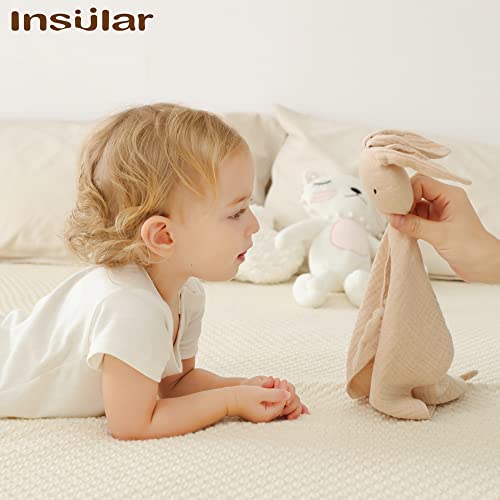 Image of insular Bunny Lovey Blanket for Boys and Girls, Organic Cotton Muslin Security Blanket for Babies, Soft Breathable Lovie Soothing Towel for Newborn and Infant, 2 Pcs Set (Beige&Pink)