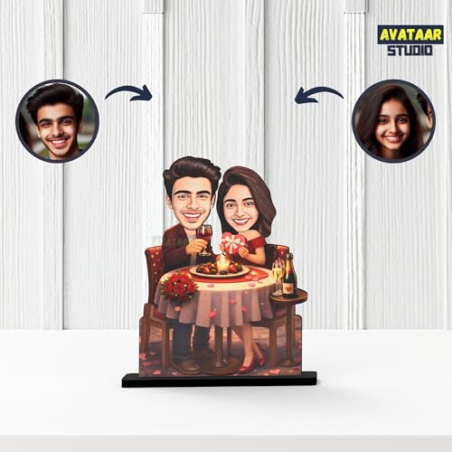 Image of Wood Rectangular Personalized Caricature Gift for Couple, 7 Inches, Tabletop Multicolor, Art Deco Style (Couple 9)