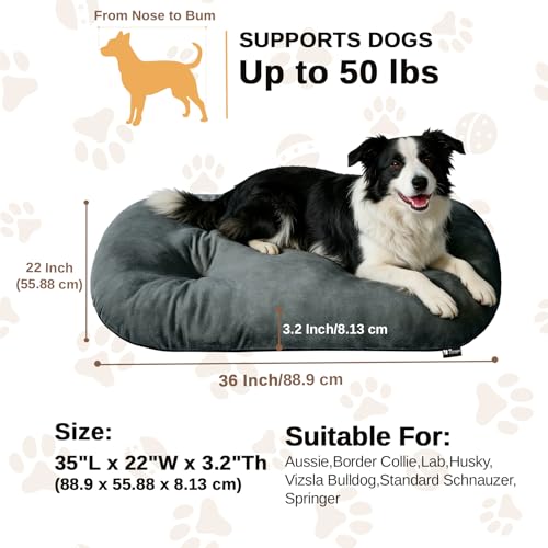 Image of Washable Oval Dog Bed for Large Dogs, High-Resilience, Dark Gray | Non-Slip Bottom Prevents Sliding, Soft Plush Short Fur, Machine Washable, Ideal for Crates /Apartments /Cozy Nooks,35 inchx22 inchx3.2 inch