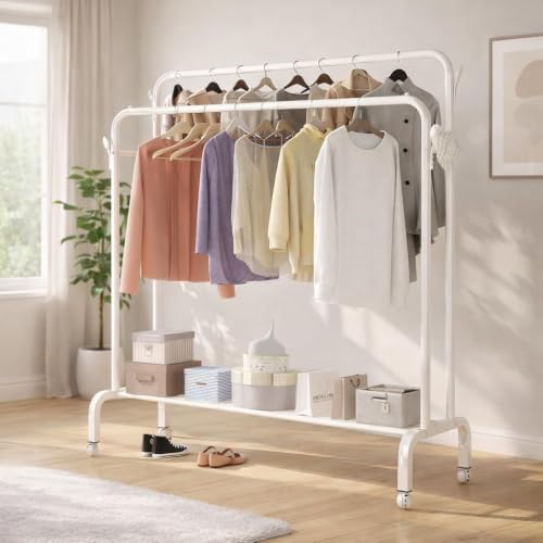 Image of HIWARE Metal Multifunctional Garment Stand Cloth Rack Freestanding Storage Organizer Stainless Steel Spider Strainer Ladle, 5.4 Inch - 150 x 110 x 40 CM ((Rail-White)