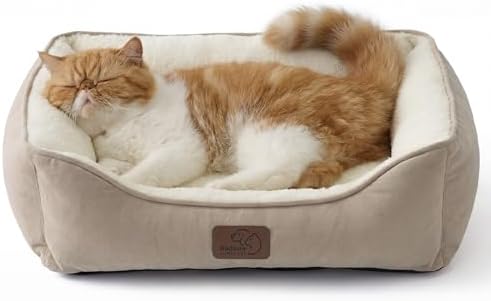 BEDSURE Katzenbett waschbar Katzen Bettchen 51x41cm | Katzenkorb Indoor mit Rutschfester Basis, quadratisches Hundebett für kleine Hunde mit weichem Rand, kamel