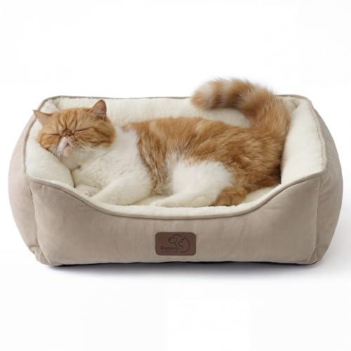 BEDSURE Katzenbett waschbar Katzen Bettchen- 51x41cm Katzenkorb Indoor mit Rutschfester Basis, quadratisches Hundebett für kleine Hunde mit weichem Rand, Kamel