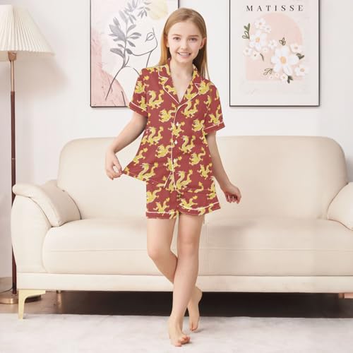 Dargon Pattern Pajamas Sets Short Sleeve Silk Stain Pjs Button Down Sleepwear for 5-14Y3