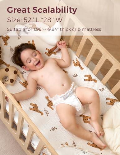 Image of Momcozy Muslin Standard Fitted Crib Sheets, 52 inchx28 inch, 2 Pack Soft Breathable Natural Cotton Baby Mattress Sheet, 360 Mattress Wrapping No Slip Boys Girls Neutral Toddler Bed Sheet, Bravery Giraffe