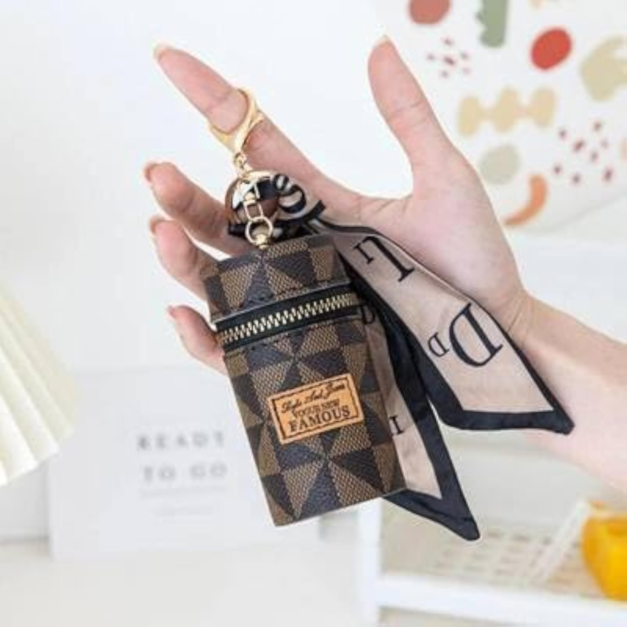 Ladies Mini Leather Keychain Bag, Brown Checkered Pattern