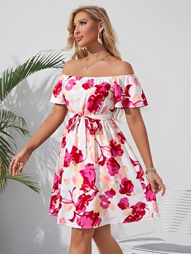 Image of Off Shoulder Ruffle Dress for Women, A-Line Mini Dress with Belt, Fitted Bust Summer Wedding Guest Dress