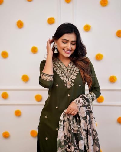 Image of Women Afghani Viscose Rayon Kurta Pant Dupatta Set with Embroidered Neck Work and Floral Print Organza Dupatta | Ethnic Straight Suit Set