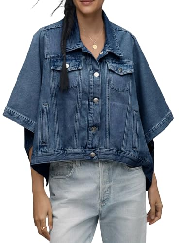 Tankaneo Womens Jean Jacket Oversized Cropped Short Sleeve Cotton Denim Jacket Fall Trendy Cape Outerwear with Pockets