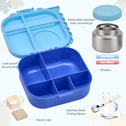 Image of Pawtong Bento Lunch Box with Thermo, 4-Compartment Bento Box with Adjustable Dividers, Leakproof Dinosaur Lunch Box with 14.2OZ Insulated Food Jar & Sauce Jar, for School Office Travel (Blue)