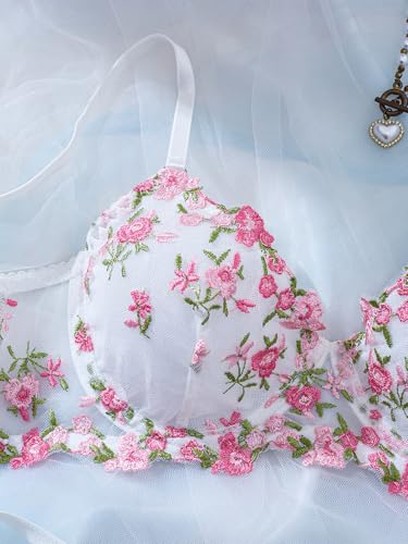 Image of Sexy Floral Embroidered Flower Mesh Underwire Push Up Lingerie Set
