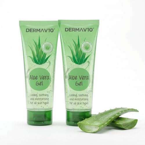 Derma V10 Aloe Vera Gel 75ml Twin Pack - Pure Soothing Gel for Face, Hair & Body, After Sun Care, Travel Size Moisturizing Gel, Sunburn Relief, Cooling Hydrating Skin Care for Sensitive Skin