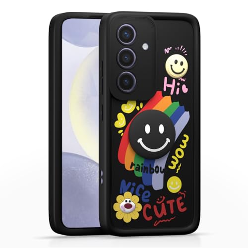 Image of Pikkme Back Cover for Samsung Galaxy S24 5G | Soft Silicone| Cute Rainbow Smile & 3D Cartoon Flower Design | Shockproof Raised Camera Protection Bumper Case (Black)