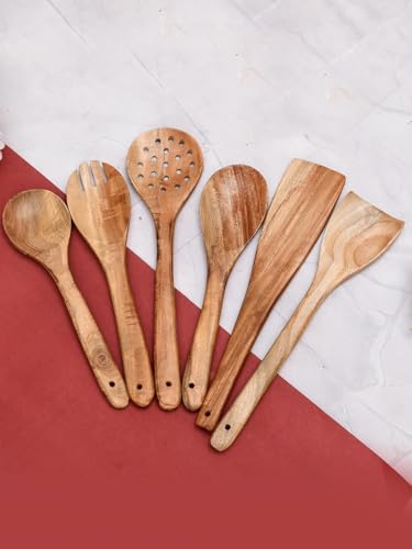 Image of Sanjeev Kapoor by OGGN Handmade Wooden Spoon Spatula Set of 6, Neem Wood Spoons N Spatulas Combo, Non-Sticky Ladles, Palta, Turner, Pasta Serving Spoon for Flipping, Frying, Serving Food (Pack of 6)