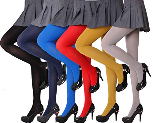 CozyWow Women's 80D Soft Solid Color Semi Opaque Footed Tights (L-XL, 6Pairs-black,dark blue,royal blue,red,goldenrod,grey)