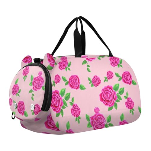 Rose Pink Leaf Kids Travel Duffel Bag for Boys Girls Overnight Weekend Tote Bag with Shoes Compartment for Sleepover Trip Beach