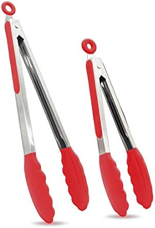 Kitchen Tongs Set of 2 - BPA Free Premium Silicone Tongs for Cooking & Stainless Steel Locking Salad Tongs for Cooking with Silicone Tips Non-Stick Grip, 9-Inch & 12-Inch, Red