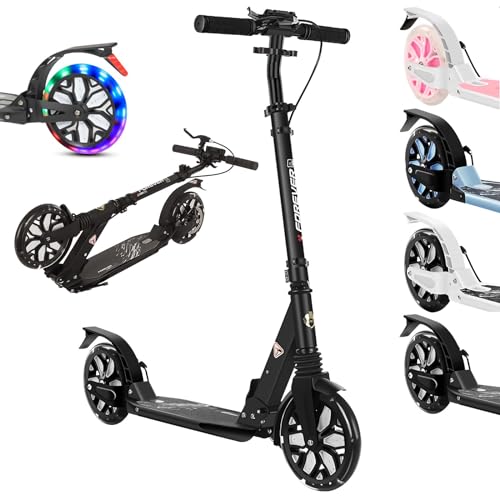 Tretroller Scooter Erwachsene mit Big Wheel Räder & Tragegurt- City Roller klappbar- Roller Kinder- Klappbar Lenker -m/hinterradbremse und Stoßdämpfer, 4 Höhenverstellbar, 150 kg Tragkraft,Schwarz