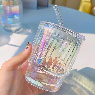 Image of Kamvy Glass Tumblers with Straws and Lids | 400ml Aesthetic Coffee Sipper Mug with Wide Mouth | Rainbow Glass Drinking Mason for Iced Tea | Cold & Hot Beverages Cups (RAIN STRIPPEED)