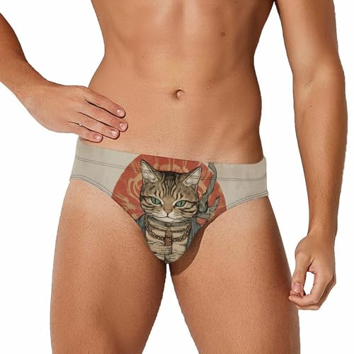 Vintage Japanese Samuraiscat Men's Swimming Trunks Briefs Beach Swimwear Low Rise Bikini Swimsuit Print Bathing Suit